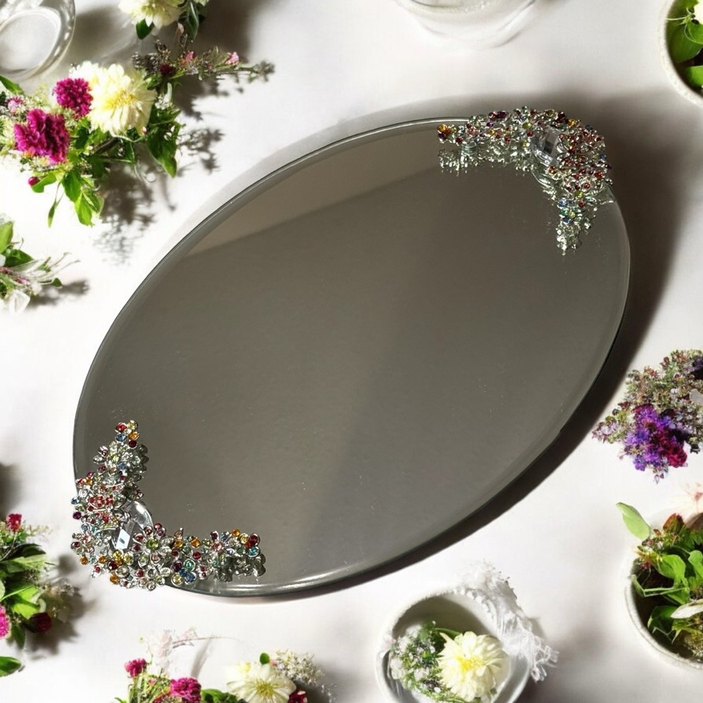 Mirror Vanity Bathroom Perfume Makeup Display Tray Butterfly Jeweled Floral